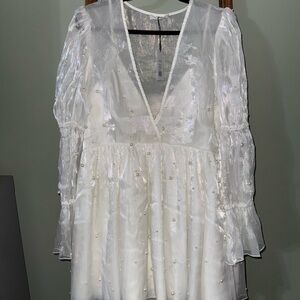 SHOWPO Ivory Pearl-Embellished V-Neck Mini Dress